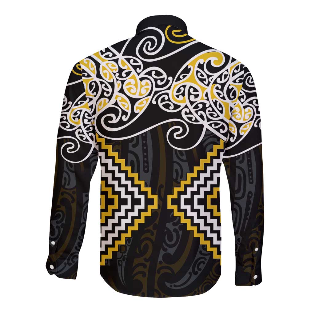 Gold Aotearoa Tukutuku Manawa Tapu Long Sleeve Button Shirt Ta Moko Toi Maori LT9 - Polynesian Pride