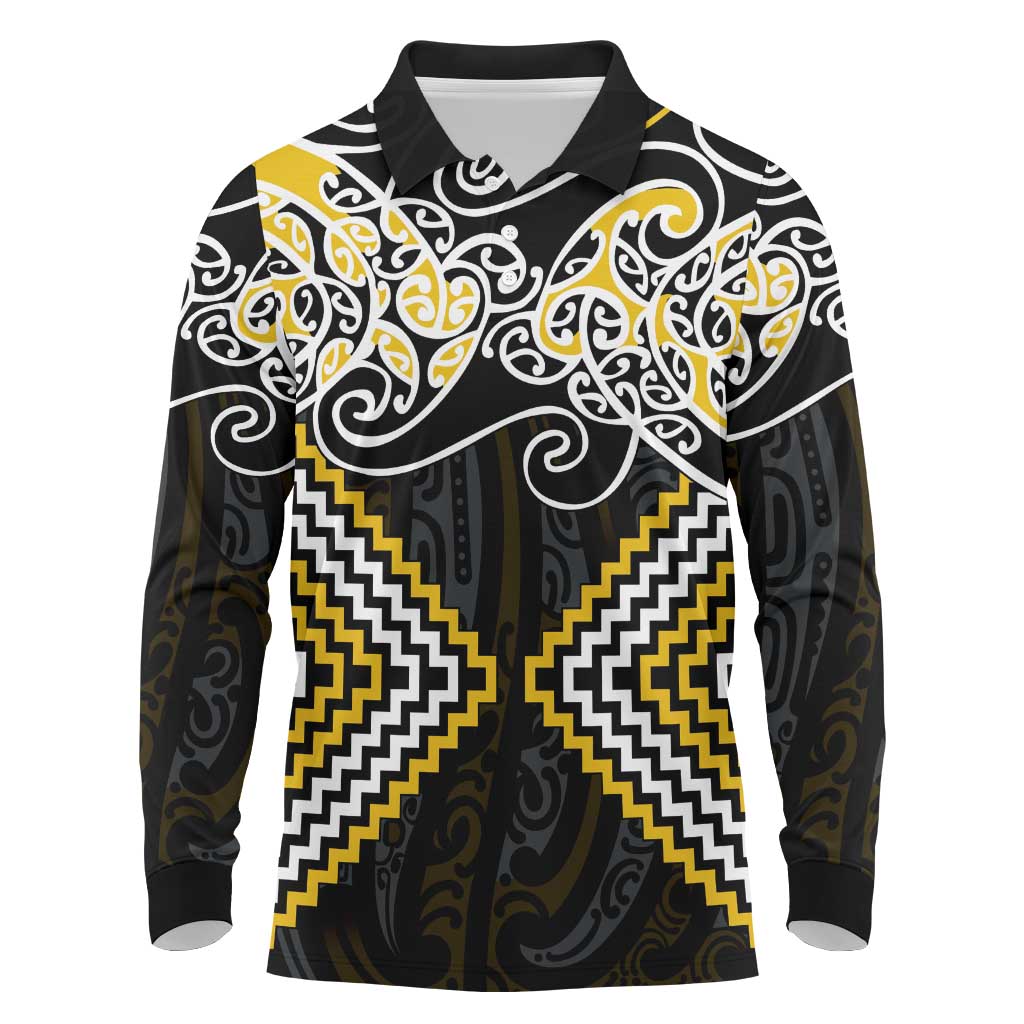 Gold Aotearoa Tukutuku Manawa Tapu Long Sleeve Polo Shirt Ta Moko Toi Maori LT9 Gold - Polynesian Pride