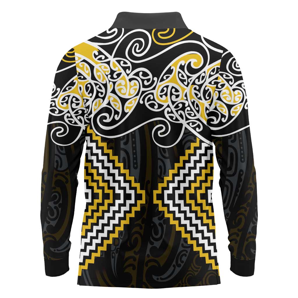 Gold Aotearoa Tukutuku Manawa Tapu Long Sleeve Polo Shirt Ta Moko Toi Maori LT9 - Polynesian Pride