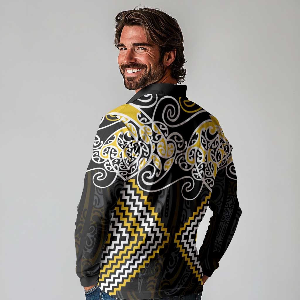 Gold Aotearoa Tukutuku Manawa Tapu Long Sleeve Polo Shirt Ta Moko Toi Maori LT9 - Polynesian Pride