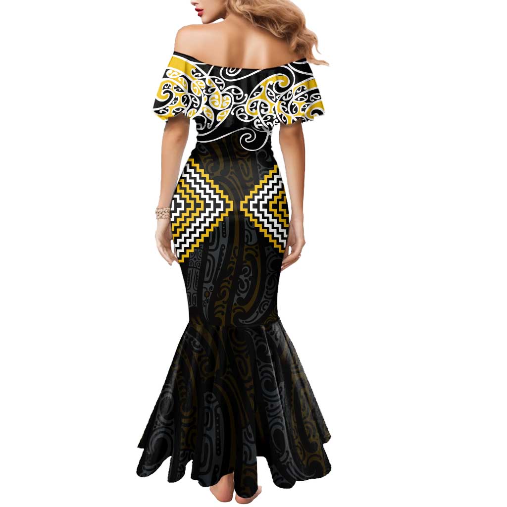 Gold Aotearoa Tukutuku Manawa Tapu Mermaid Dress Ta Moko Toi Maori LT9 - Polynesian Pride
