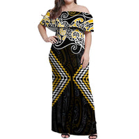 Gold Aotearoa Tukutuku Manawa Tapu Off Shoulder Maxi Dress Ta Moko Toi Maori LT9 Women Gold - Polynesian Pride