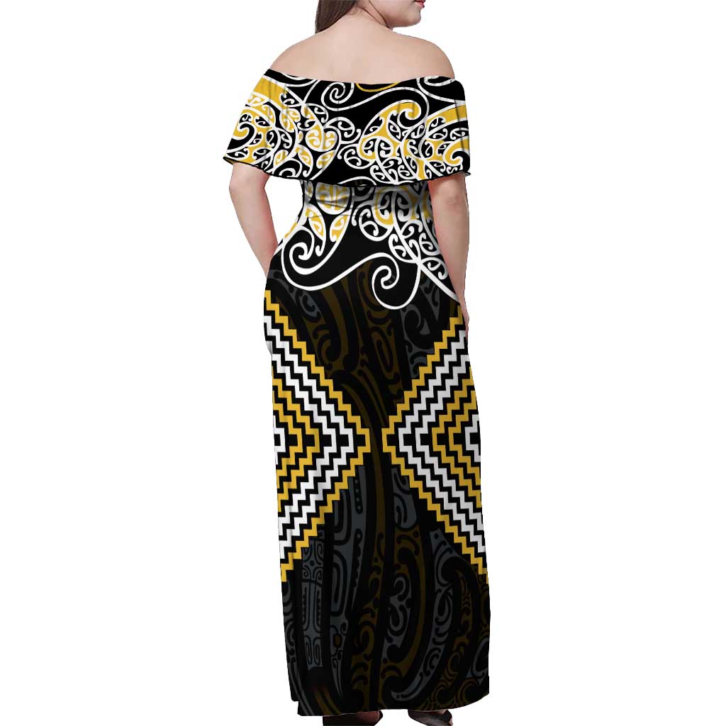 Gold Aotearoa Tukutuku Manawa Tapu Off Shoulder Maxi Dress Ta Moko Toi Maori LT9 - Polynesian Pride