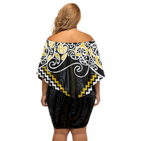 Gold Aotearoa Tukutuku Manawa Tapu Off Shoulder Short Dress Ta Moko Toi Maori LT9 - Polynesian Pride