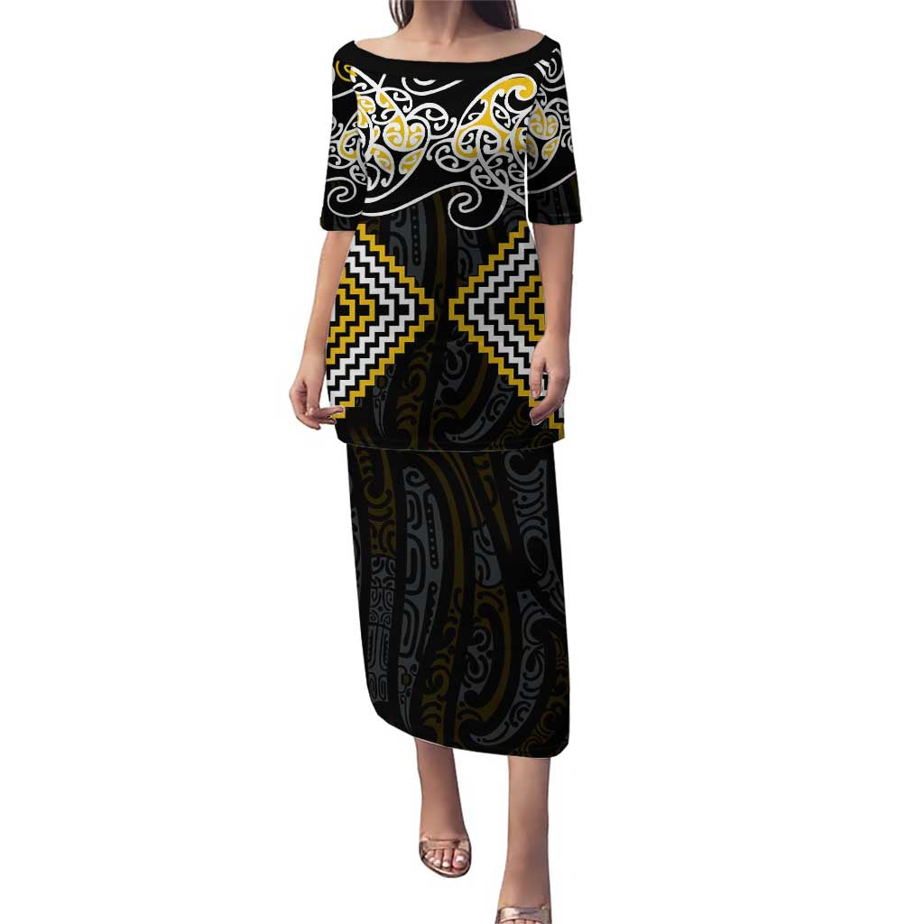 Gold Aotearoa Tukutuku Manawa Tapu Puletasi Ta Moko Toi Maori LT9 Long Dress Gold - Polynesian Pride