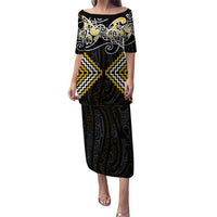 Gold Aotearoa Tukutuku Manawa Tapu Puletasi Ta Moko Toi Maori LT9 Long Dress Gold - Polynesian Pride