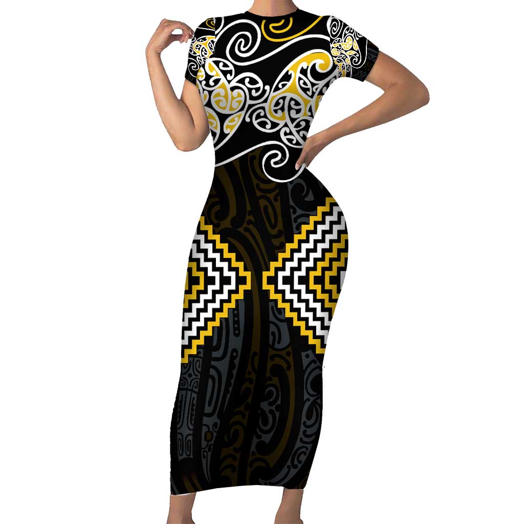 Gold Aotearoa Tukutuku Manawa Tapu Short Sleeve Bodycon Dress Ta Moko Toi Maori LT9 Long Dress Gold - Polynesian Pride