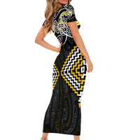 Gold Aotearoa Tukutuku Manawa Tapu Short Sleeve Bodycon Dress Ta Moko Toi Maori LT9 - Polynesian Pride