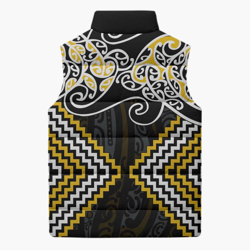 Gold Aotearoa Tukutuku Manawa Tapu Sleeveless Puffer Jacket Ta Moko Toi Maori - Polynesian Pride