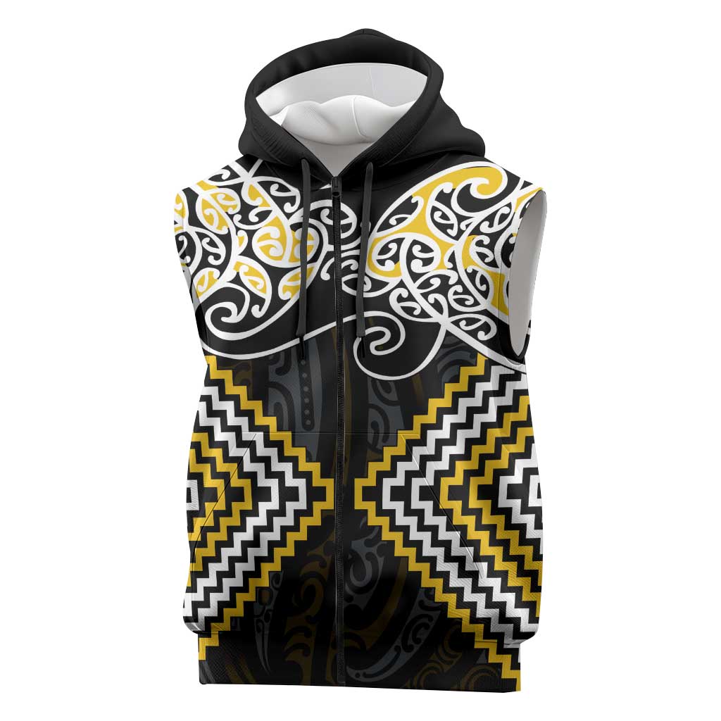 Gold Aotearoa Tukutuku Manawa Tapu Sleeveless Zip Hoodie Ta Moko Toi Maori - Polynesian Pride