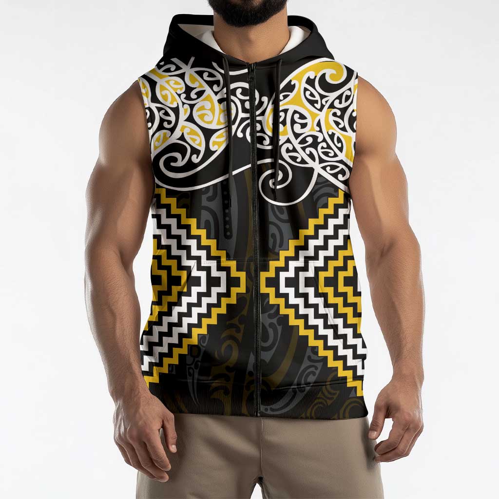 Gold Aotearoa Tukutuku Manawa Tapu Sleeveless Zip Hoodie Ta Moko Toi Maori LT9 - Polynesian Pride