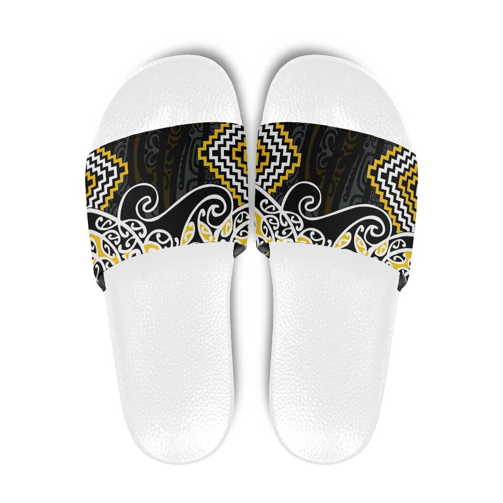 Gold Aotearoa Tukutuku Manawa Tapu Slide Sandals Ta Moko Toi Maori LT9 Gold - Polynesian Pride