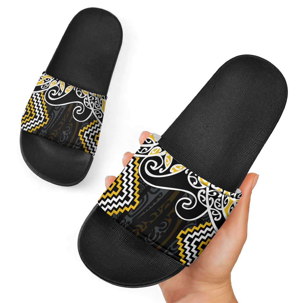 Gold Aotearoa Tukutuku Manawa Tapu Slide Sandals Ta Moko Toi Maori LT9 - Polynesian Pride
