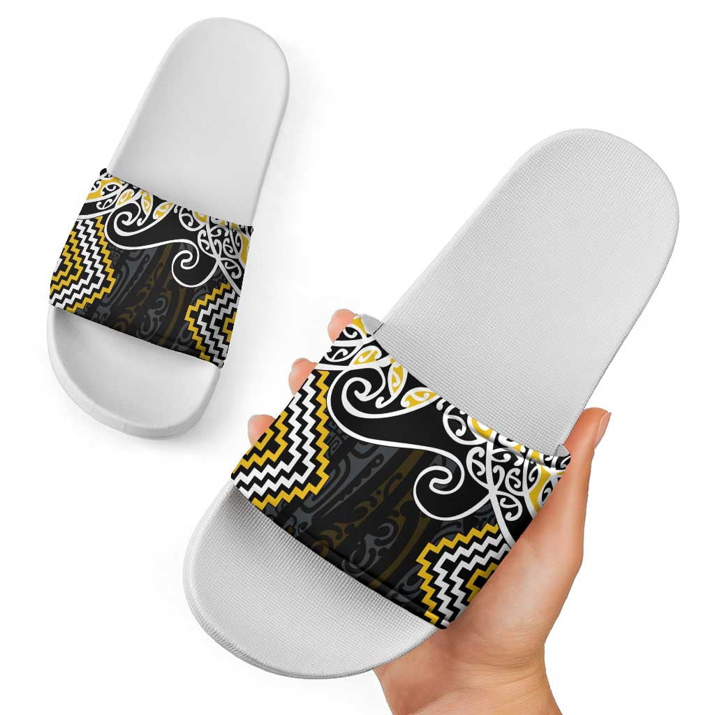 Gold Aotearoa Tukutuku Manawa Tapu Slide Sandals Ta Moko Toi Maori LT9 - Polynesian Pride