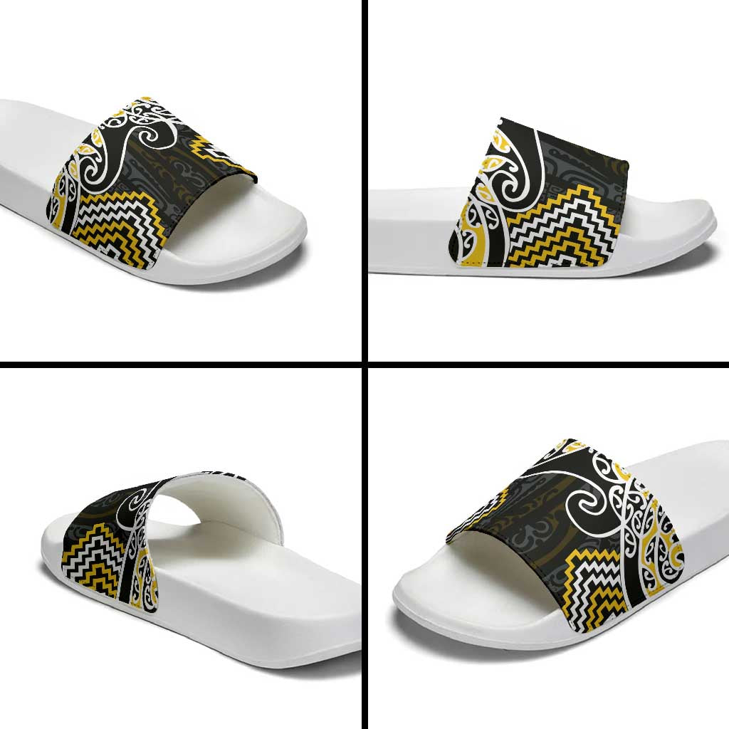 Gold Aotearoa Tukutuku Manawa Tapu Slide Sandals Ta Moko Toi Maori LT9 - Polynesian Pride