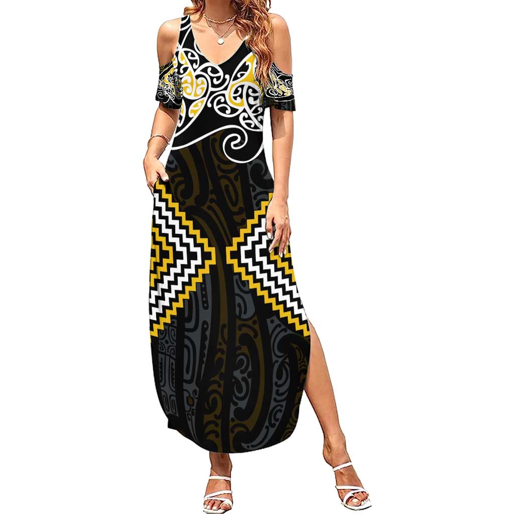 Gold Aotearoa Tukutuku Manawa Tapu Summer Maxi Dress Ta Moko Toi Maori LT9 Women Gold - Polynesian Pride
