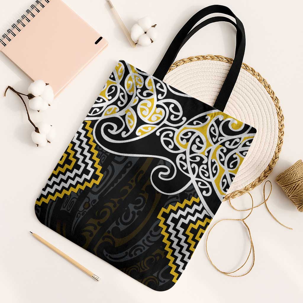 Gold Aotearoa Tukutuku Manawa Tapu Tote Bag Ta Moko Toi Maori LT9 Black Strap One Size Gold - Polynesian Pride