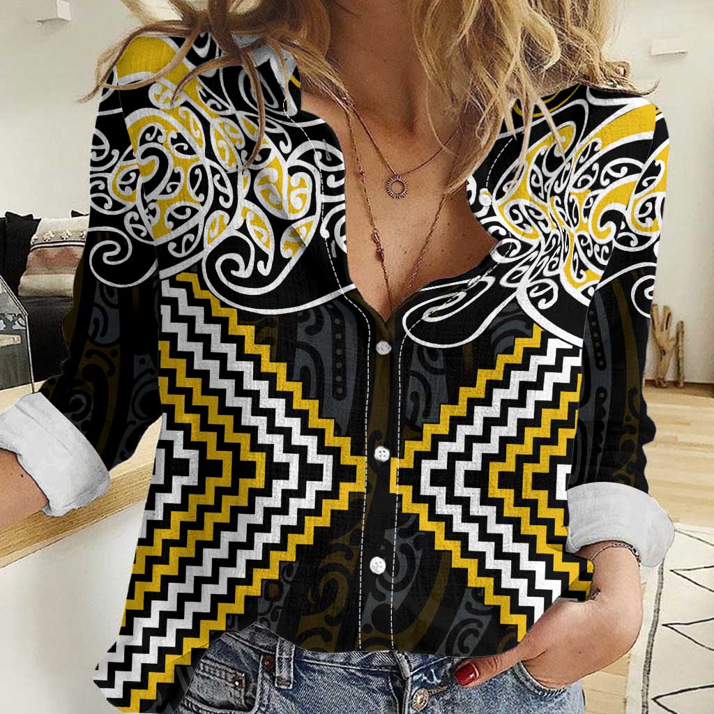 Gold Aotearoa Tukutuku Manawa Tapu Women Casual Shirt Ta Moko Toi Maori LT9 Female Gold - Polynesian Pride
