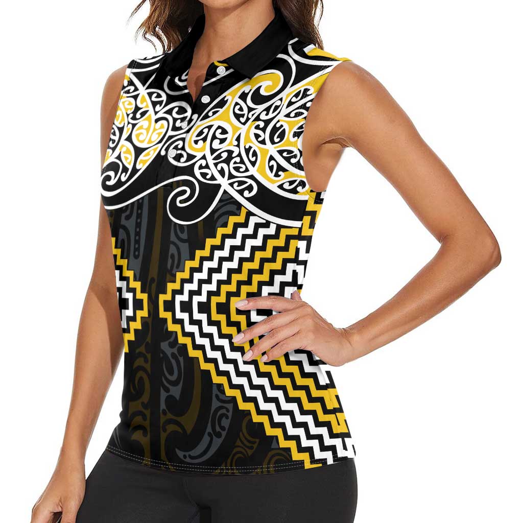 Gold Aotearoa Tukutuku Manawa Tapu Women Sleeveless Polo Shirt Ta Moko Toi Maori LT9 - Polynesian Pride