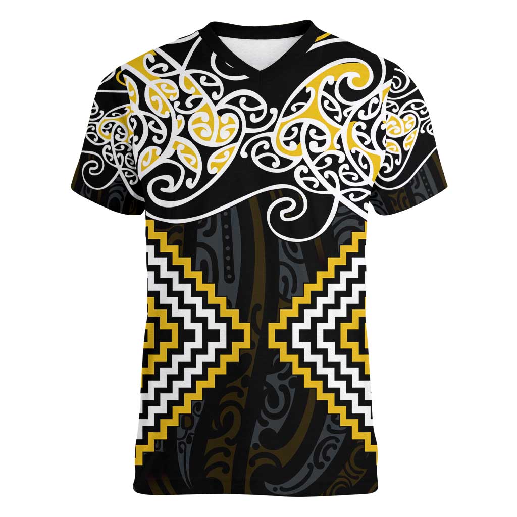 Gold Aotearoa Tukutuku Manawa Tapu Women V-Neck T-Shirt Ta Moko Toi Maori LT9 Female Gold - Polynesian Pride