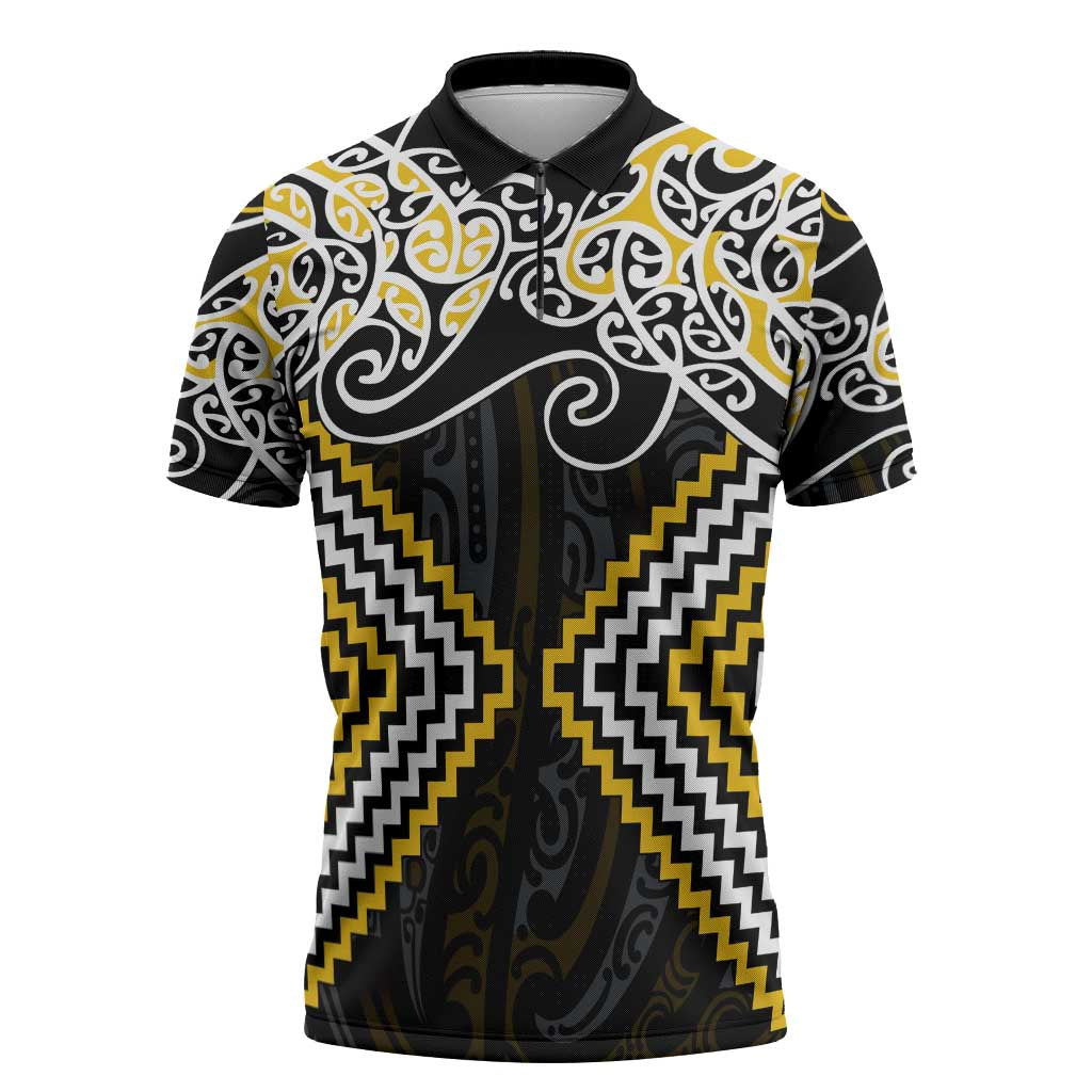Gold Aotearoa Tukutuku Manawa Tapu Zipper Polo Shirt Ta Moko Toi Maori LT9 Gold - Polynesian Pride
