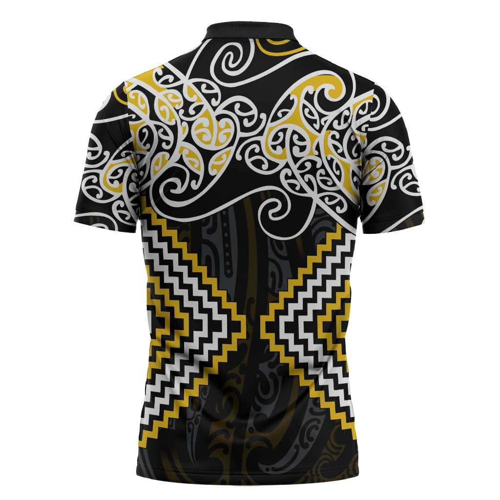 Gold Aotearoa Tukutuku Manawa Tapu Zipper Polo Shirt Ta Moko Toi Maori LT9 - Polynesian Pride