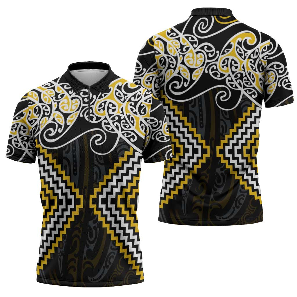 Gold Aotearoa Tukutuku Manawa Tapu Zipper Polo Shirt Ta Moko Toi Maori LT9 - Polynesian Pride