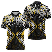 Gold Aotearoa Tukutuku Manawa Tapu Zipper Polo Shirt Ta Moko Toi Maori LT9 - Polynesian Pride