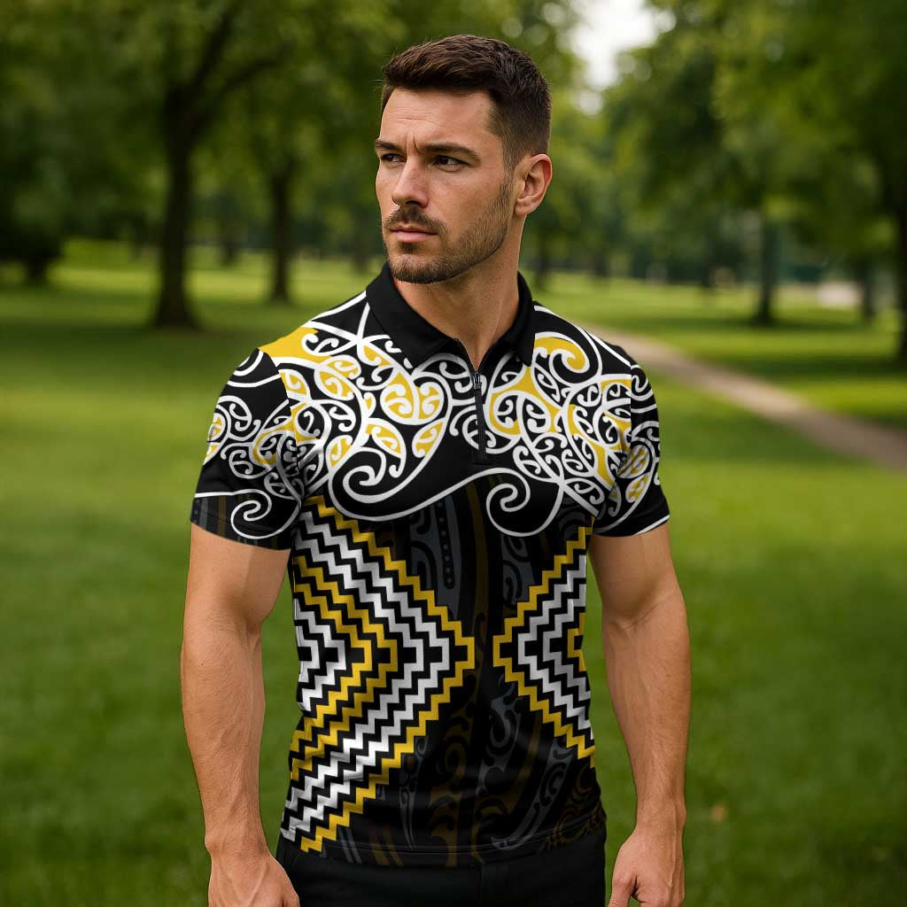 Gold Aotearoa Tukutuku Manawa Tapu Zipper Polo Shirt Ta Moko Toi Maori LT9 - Polynesian Pride