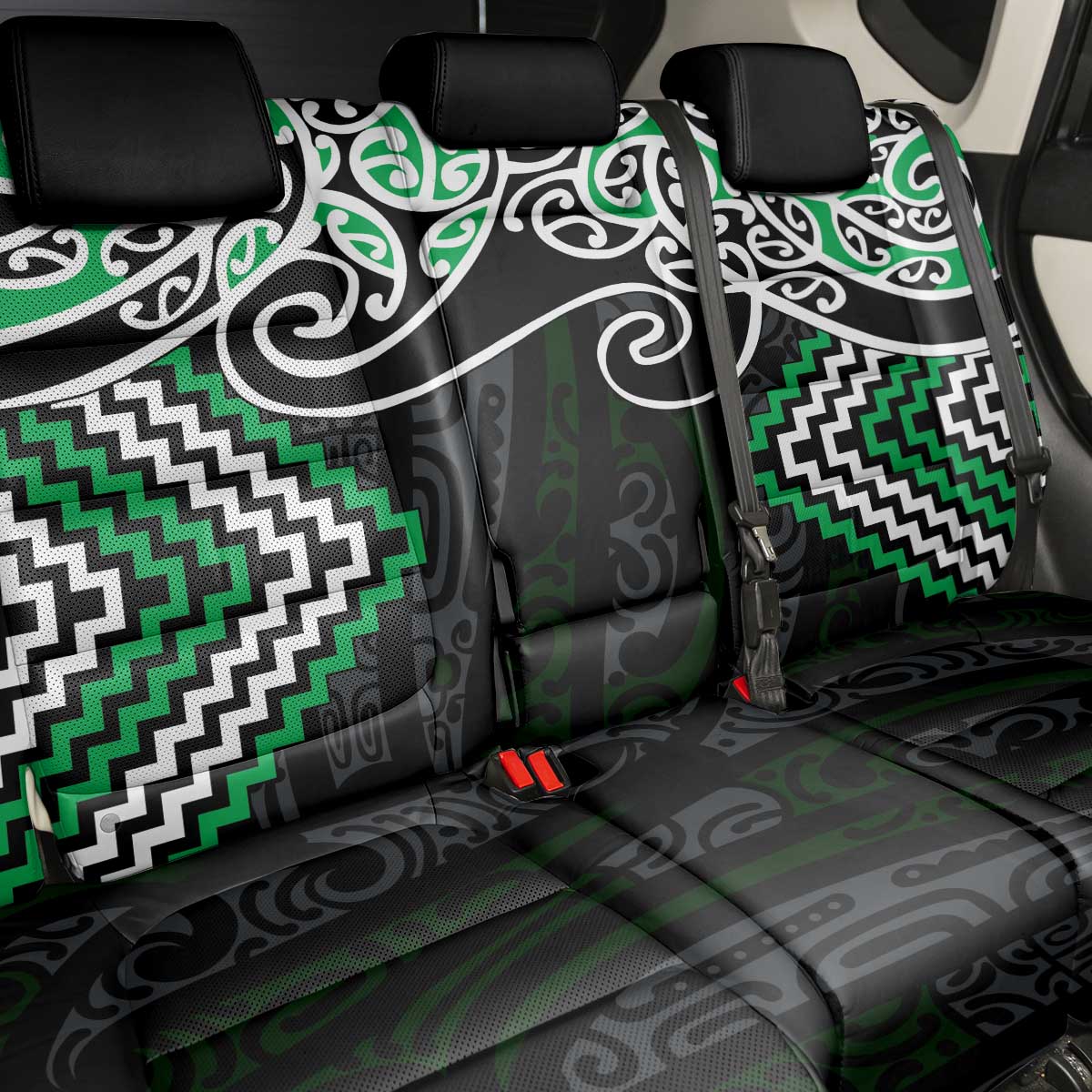 Green Aotearoa Tukutuku Manawa Tapu Back Car Seat Cover Ta Moko Toi Maori LT9 - Polynesian Pride