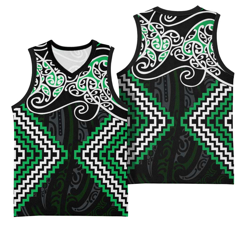 Green Aotearoa Tukutuku Manawa Tapu Basketball Jersey Ta Moko Toi Maori LT9 - Polynesian Pride
