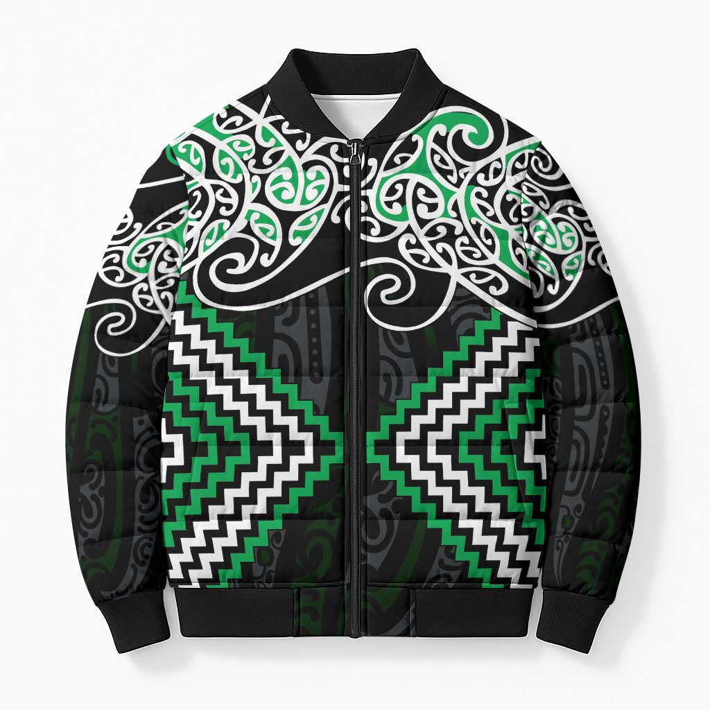 Green Aotearoa Tukutuku Manawa Tapu Bomber Puffer Jacket Ta Moko Toi Maori LT9 Unisex Green - Polynesian Pride