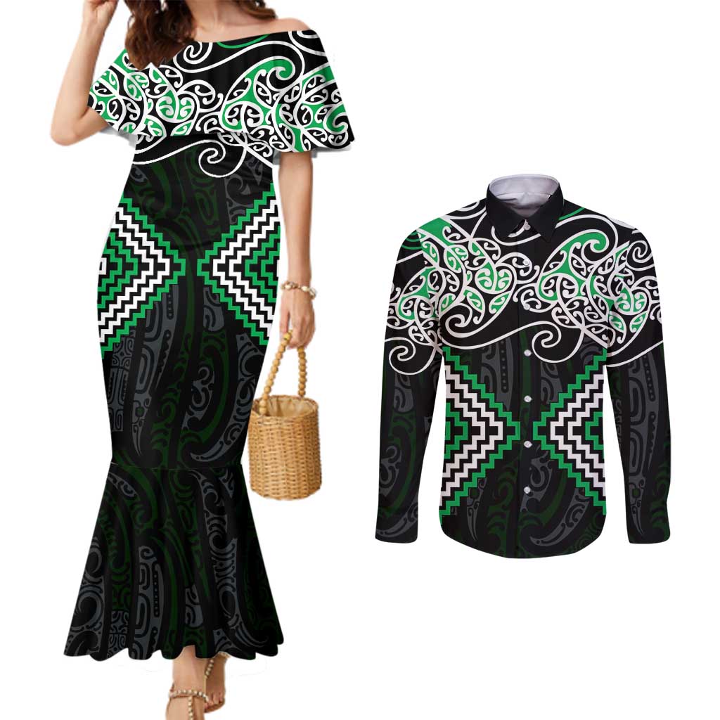 Green Aotearoa Tukutuku Manawa Tapu Couples Matching Mermaid Dress and Long Sleeve Button Shirt Ta Moko Toi Maori LT9 Green - Polynesian Pride