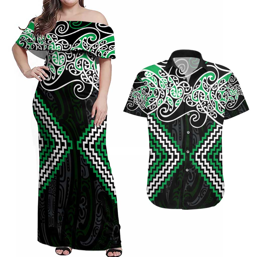 Green Aotearoa Tukutuku Manawa Tapu Couples Matching Off Shoulder Maxi Dress and Hawaiian Shirt Ta Moko Toi Maori LT9 Green - Polynesian Pride