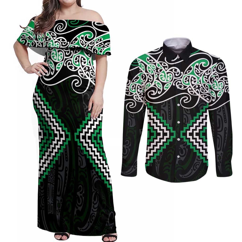 Green Aotearoa Tukutuku Manawa Tapu Couples Matching Off Shoulder Maxi Dress and Long Sleeve Button Shirt Ta Moko Toi Maori LT9 Green - Polynesian Pride