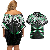 Green Aotearoa Tukutuku Manawa Tapu Couples Matching Off Shoulder Short Dress and Hawaiian Shirt Ta Moko Toi Maori LT9 - Polynesian Pride