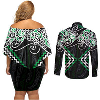 Green Aotearoa Tukutuku Manawa Tapu Couples Matching Off Shoulder Short Dress and Long Sleeve Button Shirt Ta Moko Toi Maori LT9 - Polynesian Pride