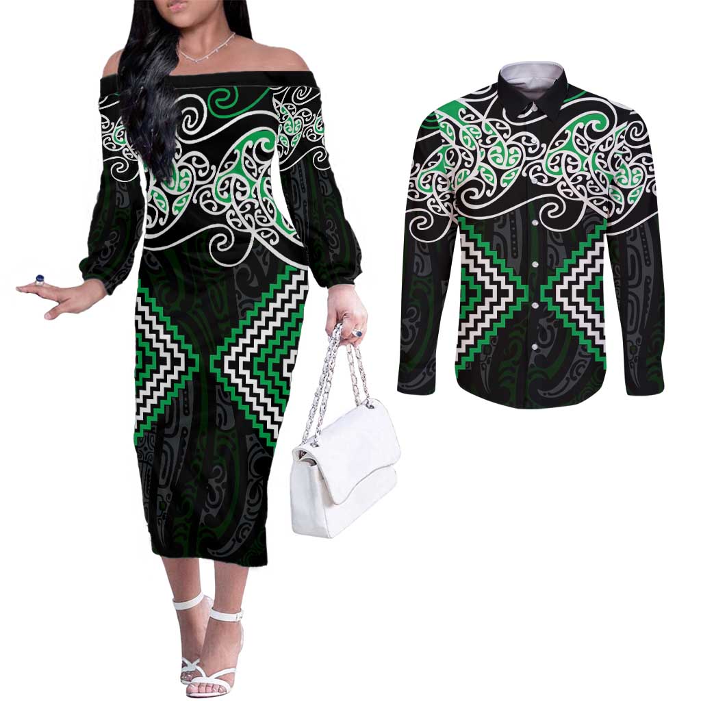 Green Aotearoa Tukutuku Manawa Tapu Couples Matching Off The Shoulder Long Sleeve Dress and Long Sleeve Button Shirt Ta Moko Toi Maori LT9 Green - Polynesian Pride