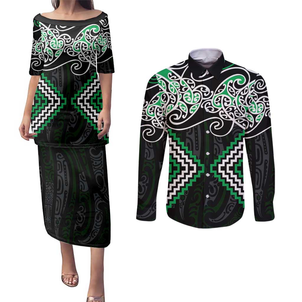 Green Aotearoa Tukutuku Manawa Tapu Couples Matching Puletasi and Long Sleeve Button Shirt Ta Moko Toi Maori LT9 Green - Polynesian Pride