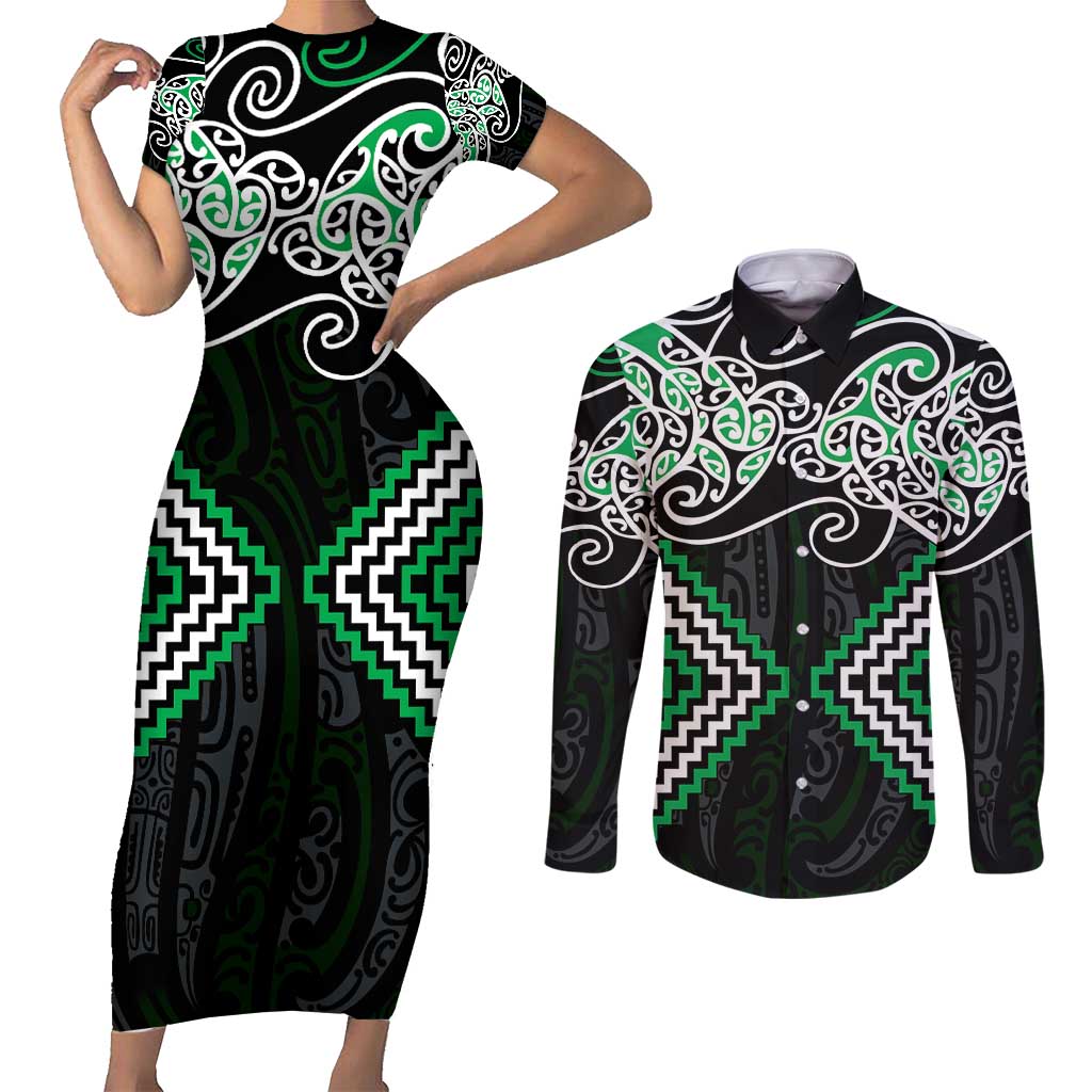 Green Aotearoa Tukutuku Manawa Tapu Couples Matching Short Sleeve Bodycon Dress and Long Sleeve Button Shirt Ta Moko Toi Maori LT9 Green - Polynesian Pride