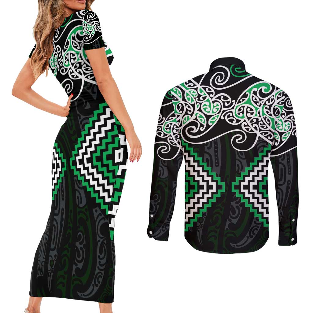 Green Aotearoa Tukutuku Manawa Tapu Couples Matching Short Sleeve Bodycon Dress and Long Sleeve Button Shirt Ta Moko Toi Maori LT9 - Polynesian Pride