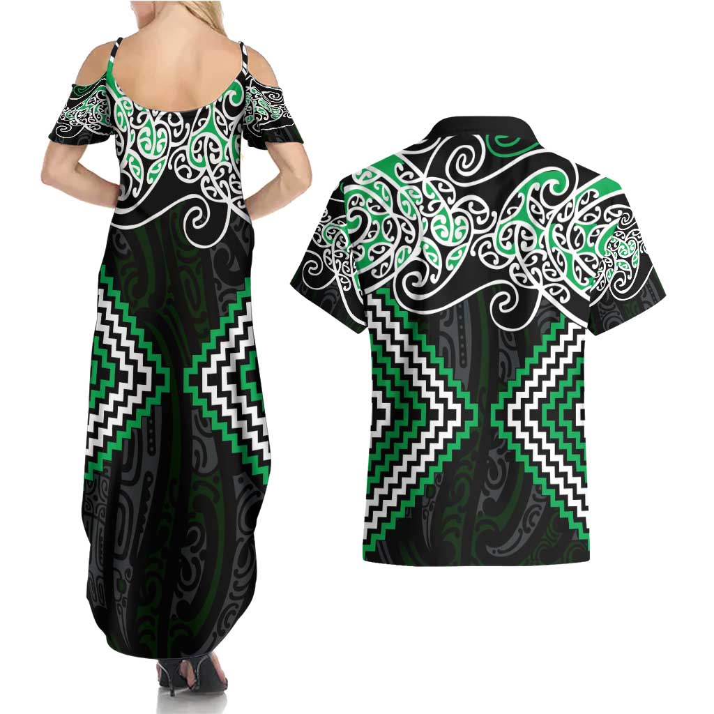 Green Aotearoa Tukutuku Manawa Tapu Couples Matching Summer Maxi Dress and Hawaiian Shirt Ta Moko Toi Maori LT9 - Polynesian Pride