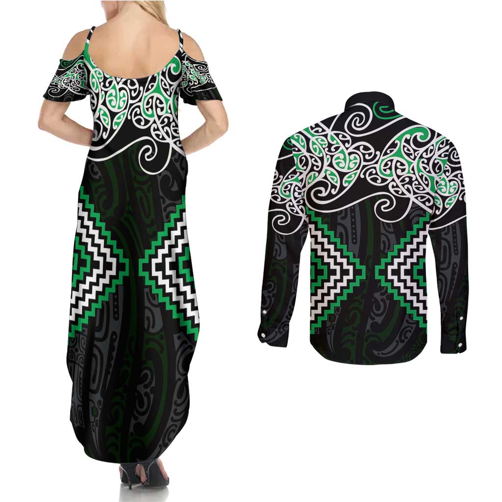 Green Aotearoa Tukutuku Manawa Tapu Couples Matching Summer Maxi Dress and Long Sleeve Button Shirt Ta Moko Toi Maori LT9 - Polynesian Pride