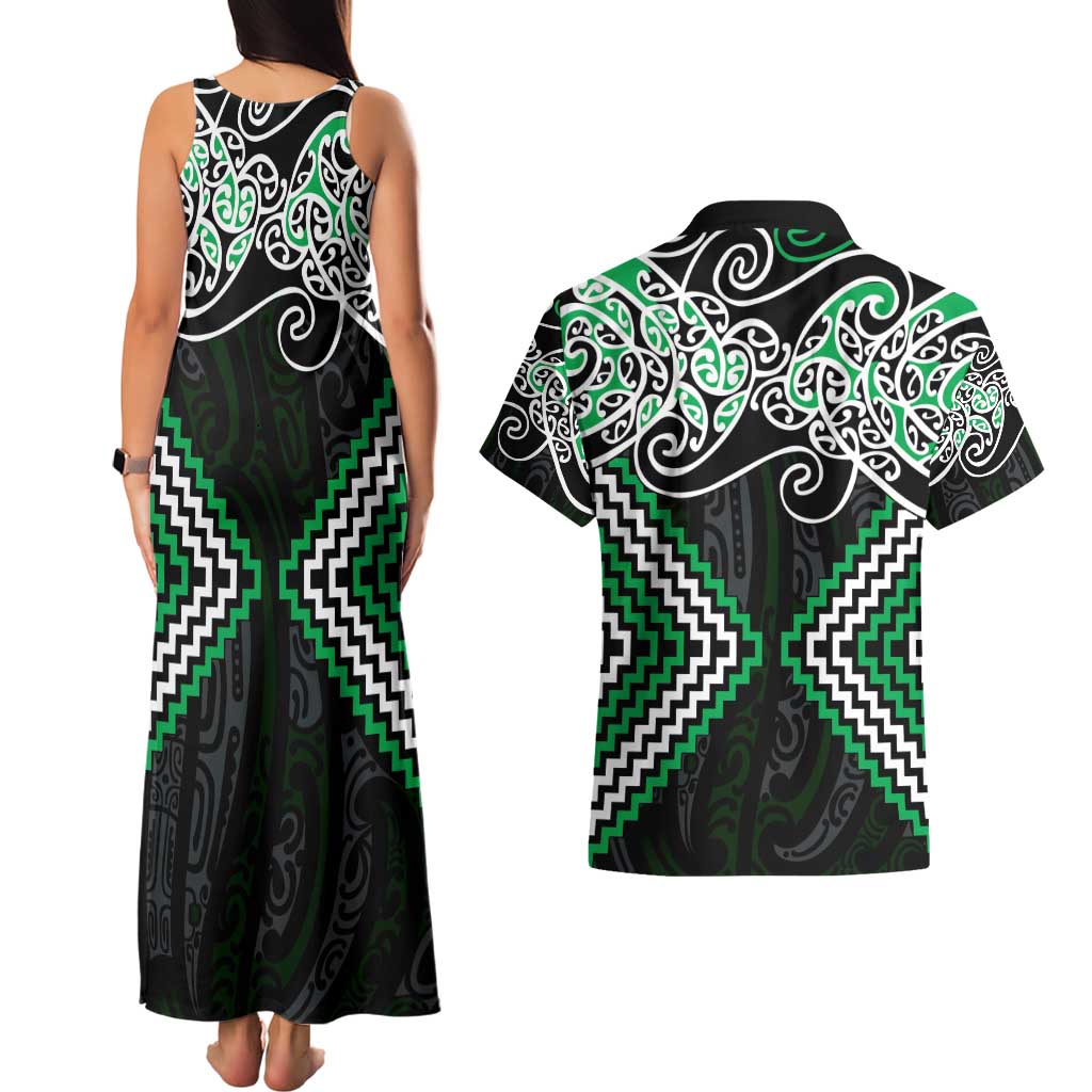Green Aotearoa Tukutuku Manawa Tapu Couples Matching Tank Maxi Dress and Hawaiian Shirt Ta Moko Toi Maori LT9 - Polynesian Pride