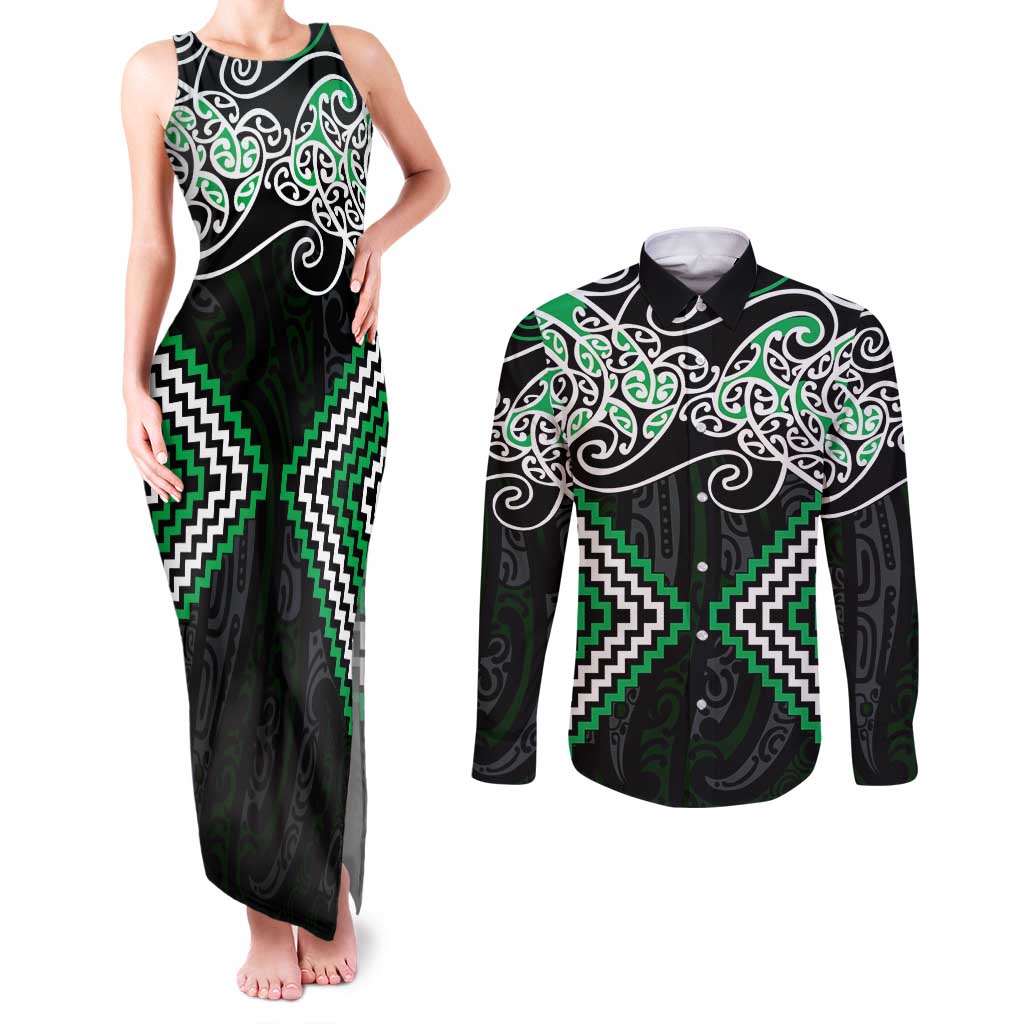 Green Aotearoa Tukutuku Manawa Tapu Couples Matching Tank Maxi Dress and Long Sleeve Button Shirt Ta Moko Toi Maori LT9 Green - Polynesian Pride