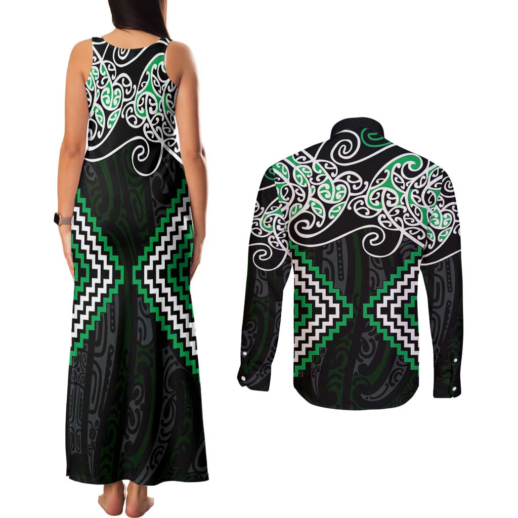 Green Aotearoa Tukutuku Manawa Tapu Couples Matching Tank Maxi Dress and Long Sleeve Button Shirt Ta Moko Toi Maori LT9 - Polynesian Pride