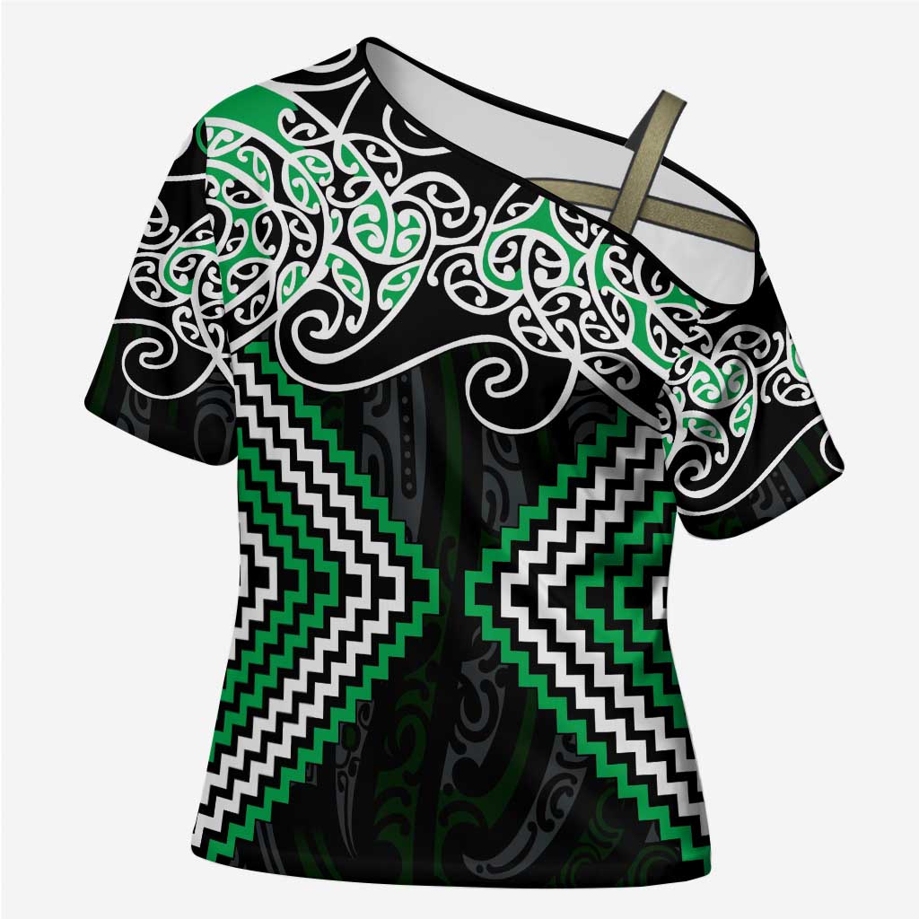 Green Aotearoa Tukutuku Manawa Tapu Cross Shoulder Shirt Ta Moko Toi Maori LT9 Female Green - Polynesian Pride