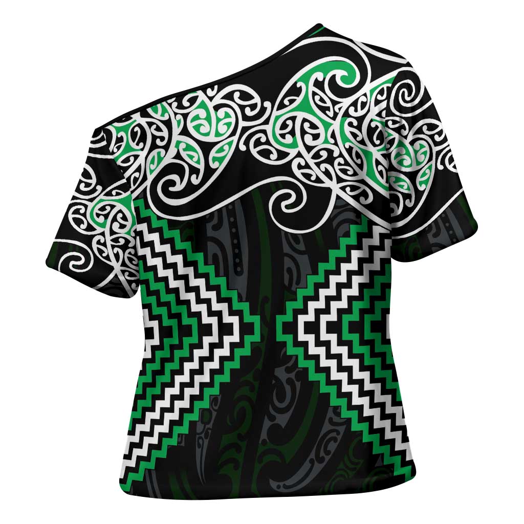 Green Aotearoa Tukutuku Manawa Tapu Cross Shoulder Shirt Ta Moko Toi Maori LT9 - Polynesian Pride