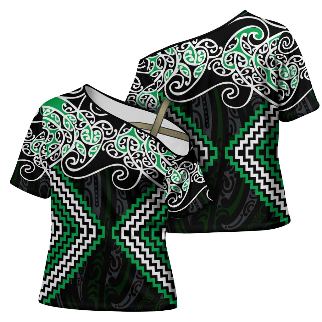 Green Aotearoa Tukutuku Manawa Tapu Cross Shoulder Shirt Ta Moko Toi Maori LT9 - Polynesian Pride