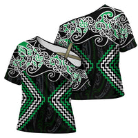 Green Aotearoa Tukutuku Manawa Tapu Cross Shoulder Shirt Ta Moko Toi Maori LT9 - Polynesian Pride